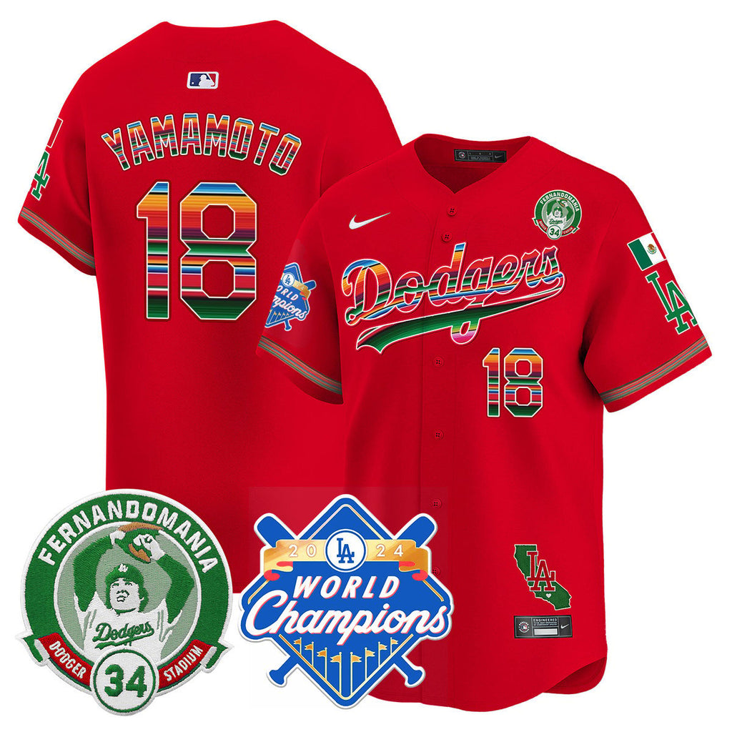 Dodgers Mexico Fernando Memorial & 2024 World Series Champions Patch Jersey - Stitched