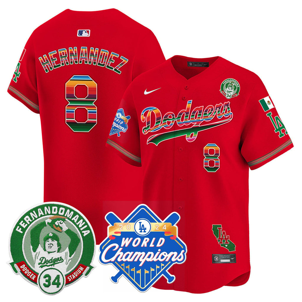 Dodgers Mexico Fernando Memorial & 2024 World Series Champions Patch Jersey - Stitched