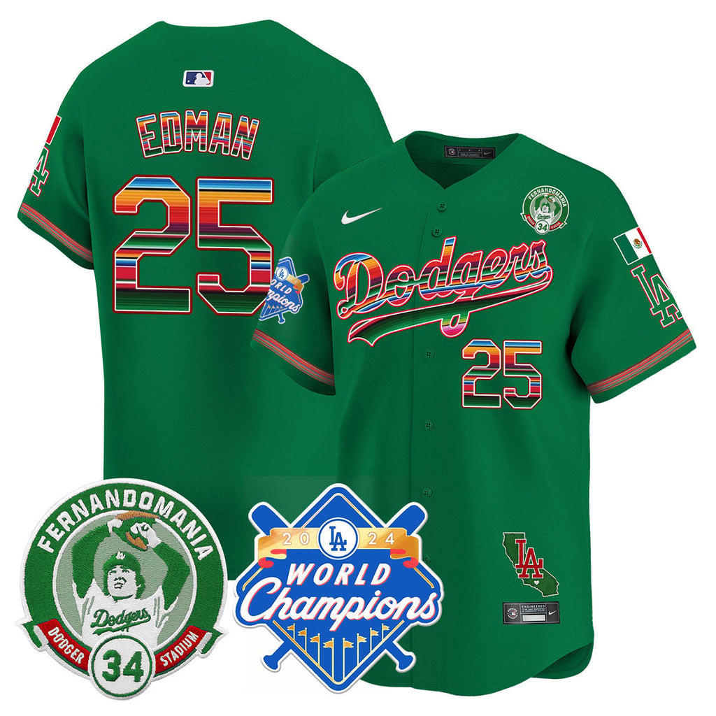 Dodgers Mexico Fernando Memorial & 2024 World Series Champions Patch Jersey - Stitched