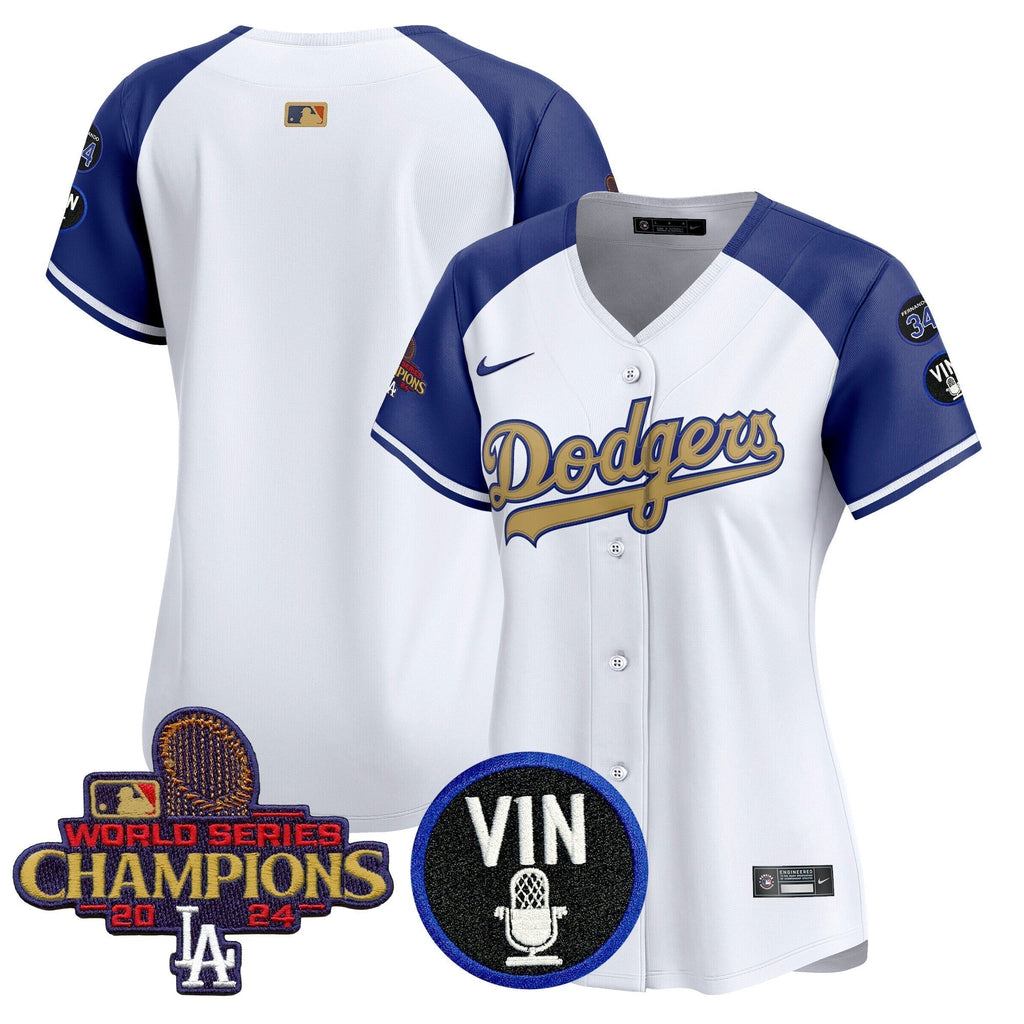 Women's Dodgers 2025 Vin Scully & #34 Fernando Patch Gold Vapor Premier Limited Jersey - Stitched