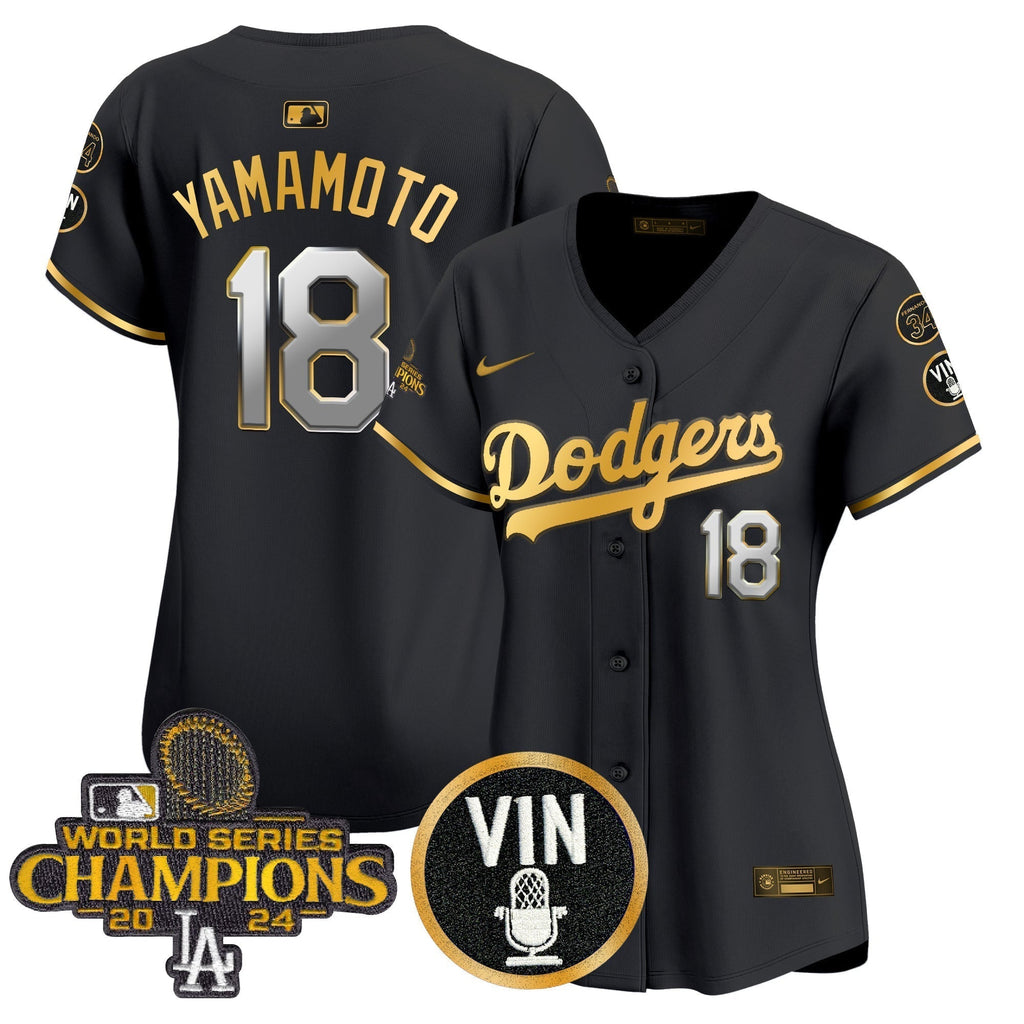Women's Dodgers 2025 Vin Scully & #34 Fernando Patch Gold Vapor Premier Limited Jersey - Stitched