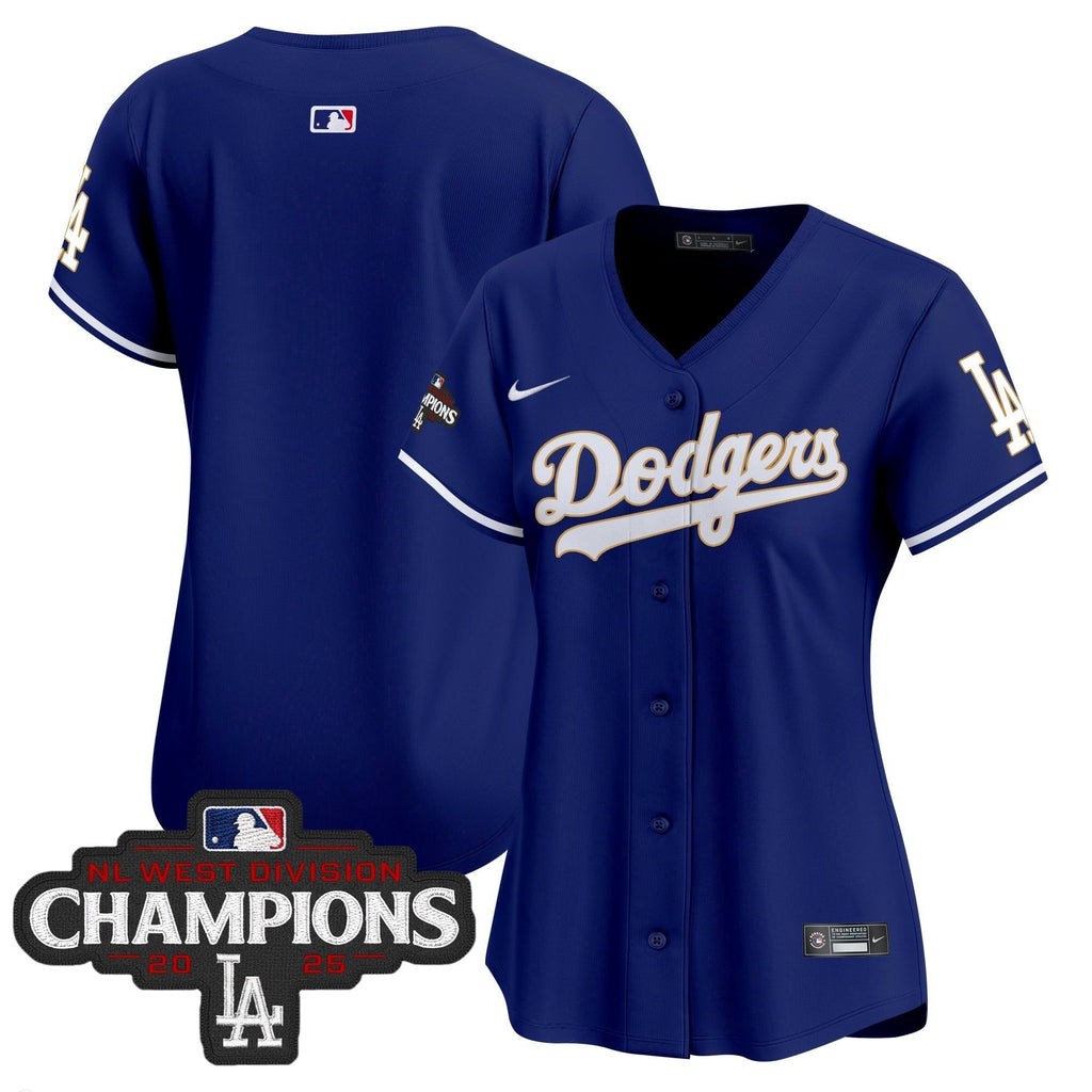 Women's Dodgers 2025 NL West Division Champions Patch Gold Trim Vapor Premier Limited Jersey - Stitched